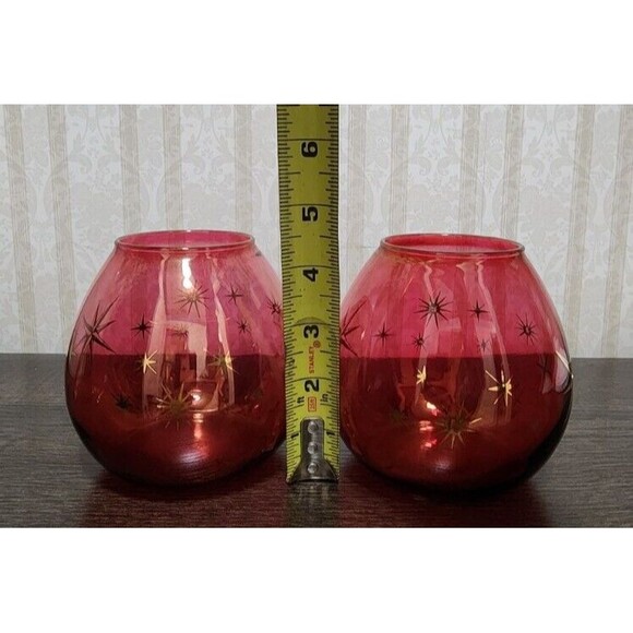 Bartlett Collins Atomic Star Cranberry Glass Vases Candle Holders 4.5" Set of 2 - Picture 9 of 10